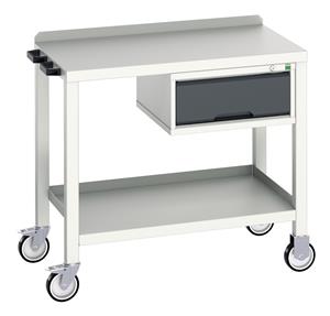 verso mobile welded bench with 1 drawer cab & steel top. WxDxH: 1000x600x910mm. RAL 7035/5010 or selected Verso Mobile Work Benches for assembly and production